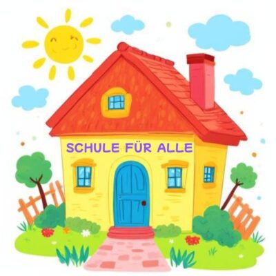 Eine Kinderzeichnung. Ein gelbes Haus mit rotem Dach in einem Garten mit Blumen und Bäumen. Am Himmel eine lachende Sonne und ein paar Wolken. Am Haus steht der Schriftzug "Schule für alle" geschrieben.