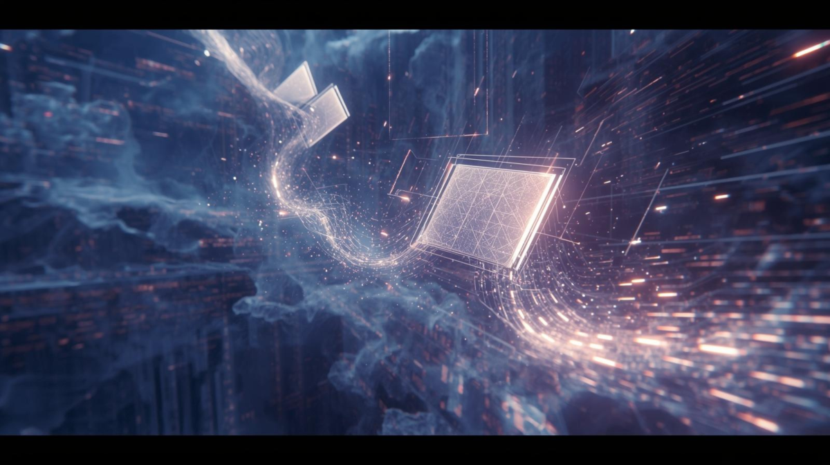 Symbolbild: Daten durchströmen als Energieblitze einen Bildschirm und die Server eines Rechenzentrums (Dieses Bild wurde mit KI erzeugt).