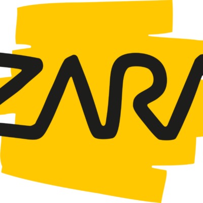 Das Logo von ZARA. Der schwarze Schriftzug vor einem gelben Feld.