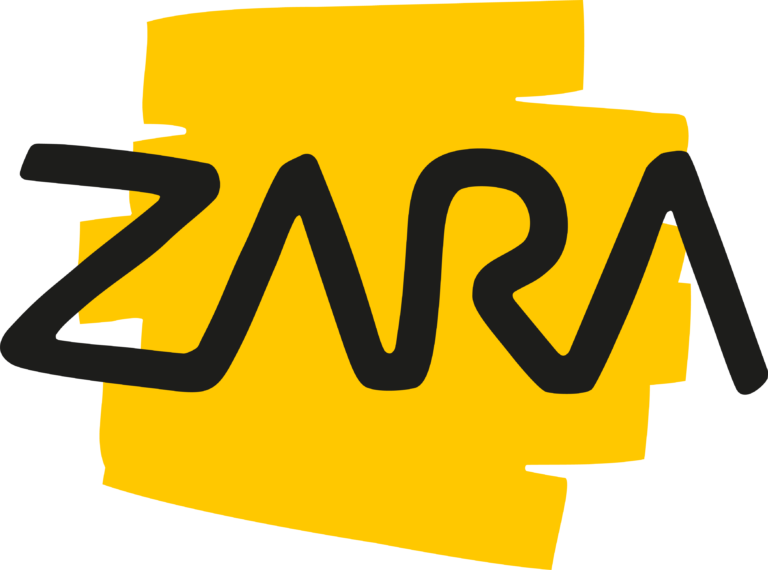Das Logo von ZARA. Der schwarze Schriftzug vor einem gelben Feld.