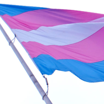 Die Flagge der Transgender-Community im Wind. Waagrechte Streifen: Hellblau-Pink-Weiß-Pink-Hellblau