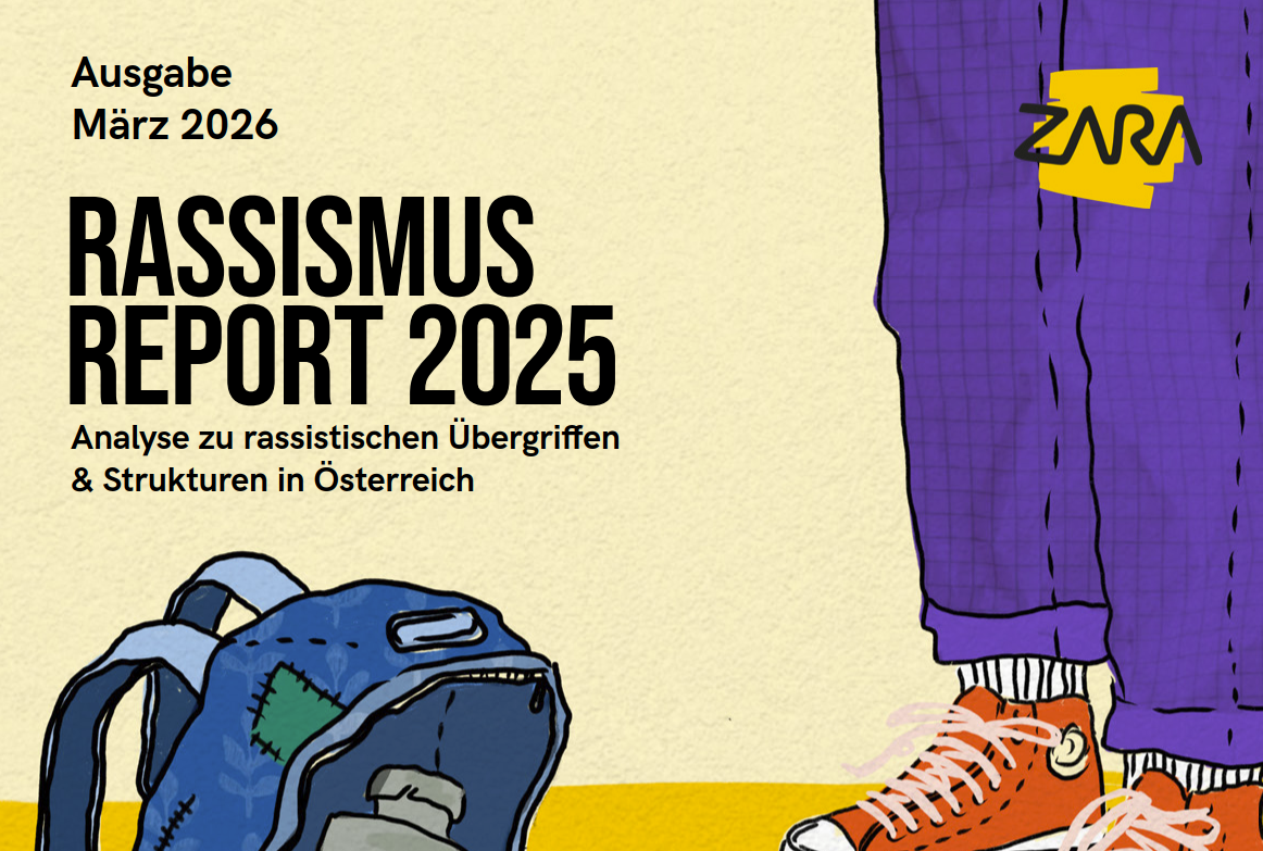 Screenshot des oberen Drittels des Rassismus Report 2025 von ZARA. Zu sehen neben dem Titel eine Schultasche und die Beine eines Kindes oder Jugendlichen.