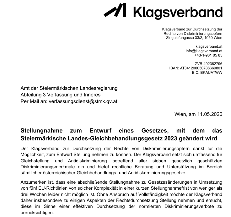 Ein Screenshot der Stellungnahme des Klagsverbands zum Gesetzesentwurf