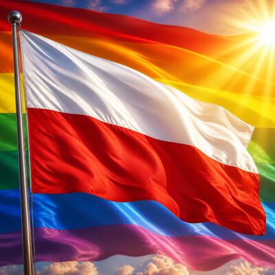 Polens Flagge und die Regenbogen-Fahne wehen im Wind