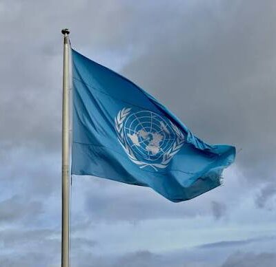 Die Flagge der Vereinten Nationen vor dunklen Wolken im Wind