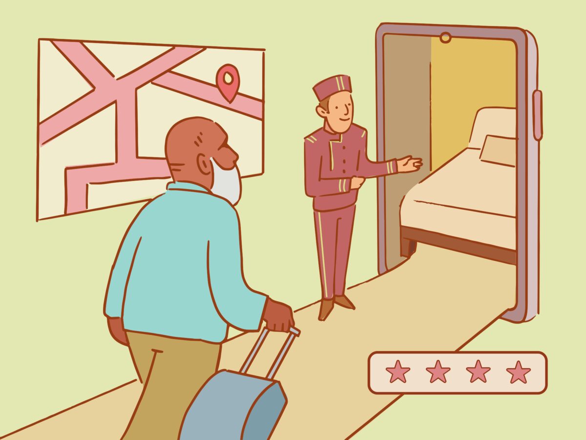 Zeichnung: Ein hellhäutiger Hotelpage bittet einen dunkelhäutigen Gast in sein Hotelzimmer