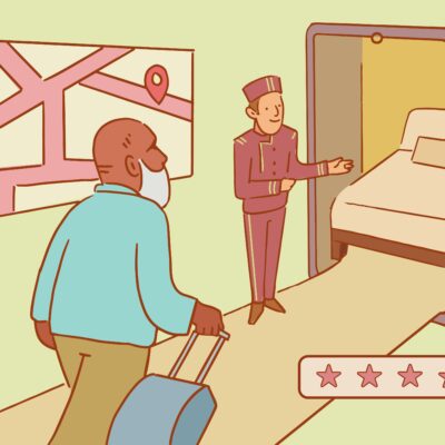 Zeichnung: Ein hellhäutiger Hotelpage bittet einen dunkelhäutigen Gast in sein Hotelzimmer