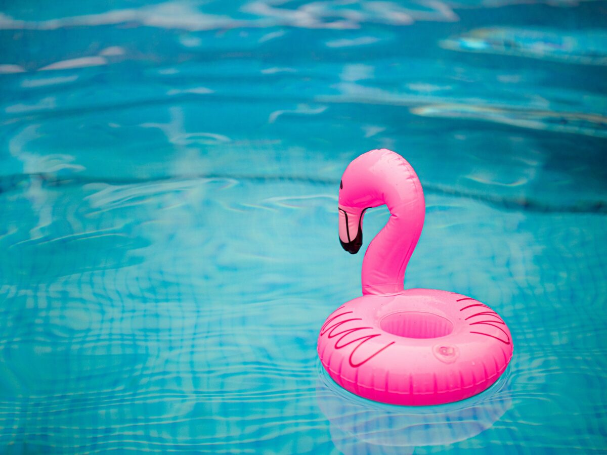 Ein Schwimmreifen in Form eines Flamingos treibt in einem Pool