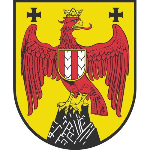 Das Wappen des Burgenlands. Ein auf einem schwarzen Felsen stehender Roter Adler mit ausgebreiteten Flügeln, ausgestreckter Zunge, Krone und einem rot-weißen Wappenschild auf der Brust auf gelbem Grund